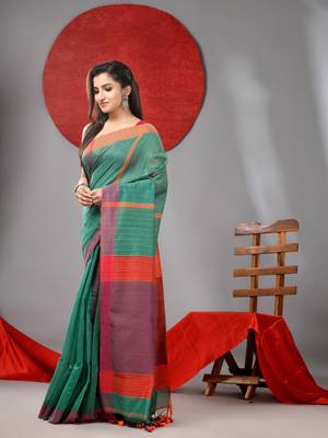 Green cotton blend soft saree with kantha style 2