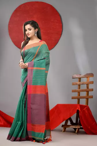 Green cotton blend soft saree with kantha style