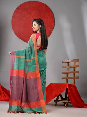 Green cotton blend soft saree with kantha style 3