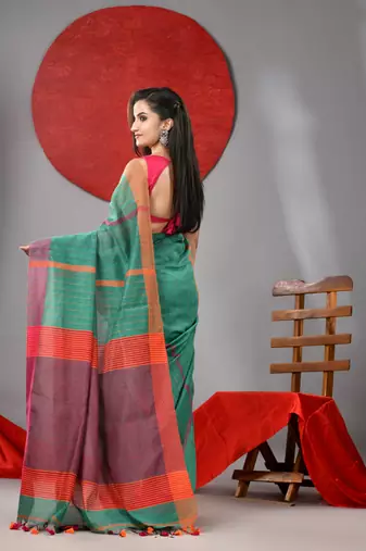 Green cotton blend soft saree with kantha style