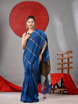 Sapphire blue cotton soft saree with stripe designs 1
