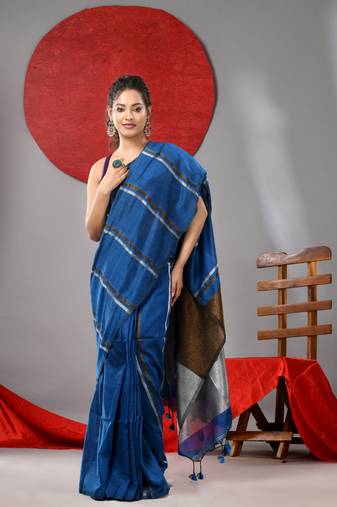 Sapphire blue cotton soft saree with stripe designs