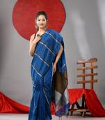 Sapphire blue cotton soft saree with stripe designs