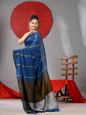 Sapphire blue cotton soft saree with stripe designs 2