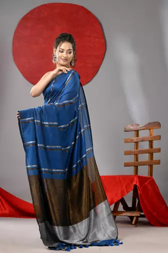 Sapphire blue cotton soft saree with stripe designs