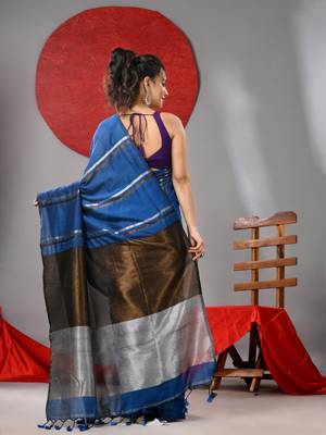 Sapphire blue cotton soft saree with stripe designs 3