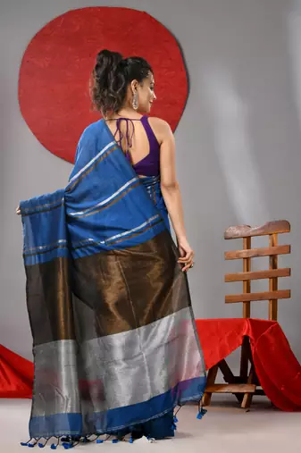 Sapphire blue cotton soft saree with stripe designs
