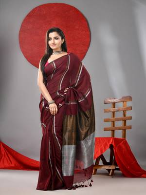 Maroon cotton soft saree with stripe designs 1