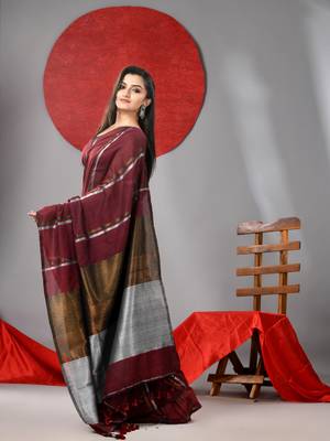 Maroon cotton soft saree with stripe designs 2