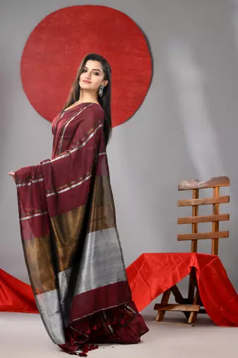 Maroon cotton soft saree with stripe designs