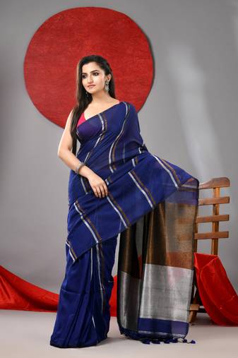 Blue cotton soft saree with stripe designs