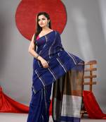 Blue cotton soft saree with stripe designs