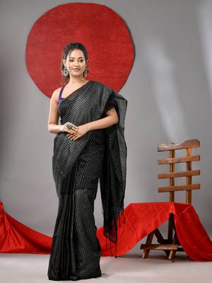 Black cotton soft saree with stripe designs 1
