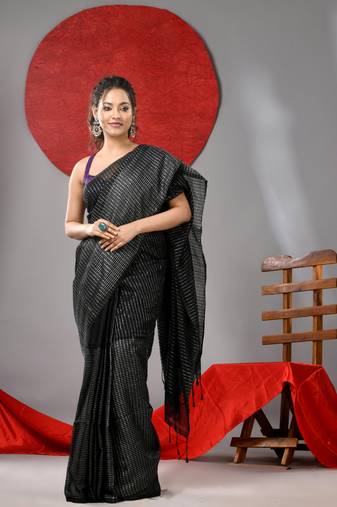 Black cotton soft saree with stripe designs