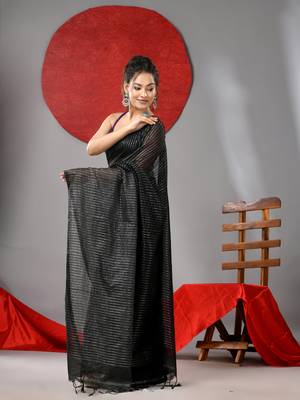 Black cotton soft saree with stripe designs 2