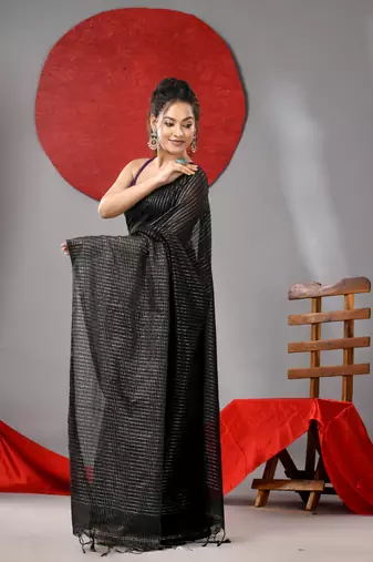 Black cotton soft saree with stripe designs