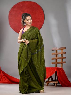 Moss green cotton soft saree with stripe designs 1