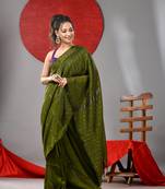 Moss green cotton soft saree with stripe designs