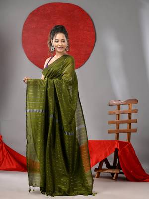 Moss green cotton soft saree with stripe designs 2