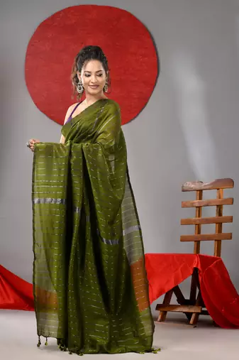 Moss green cotton soft saree with stripe designs