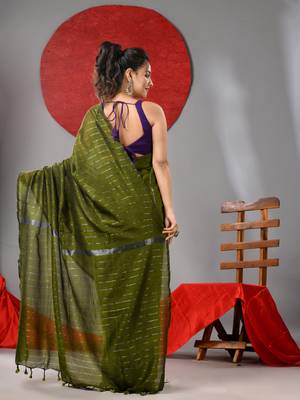 Moss green cotton soft saree with stripe designs 3