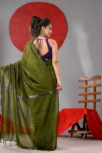 Moss green cotton soft saree with stripe designs