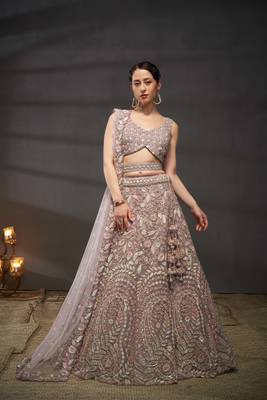 Mauve Net Multi Sequins with heavy Zarkan embroidery Lehenga choli & Dupatta 1