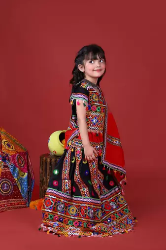 Banjara India Kutchi Emboidered Black Girls Chaniya Choli with Dupatta (KCC-WAVE) - Black
