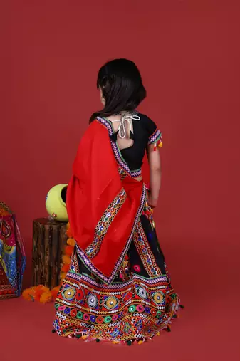 Banjara India Kutchi Emboidered Black Girls Chaniya Choli with Dupatta (KCC-WAVE) - Black