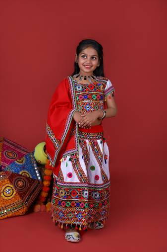 Banjara India Kutchi Emboidered White Girls Chaniya Choli with Dupatta (KCC-WAVE) - WHITE