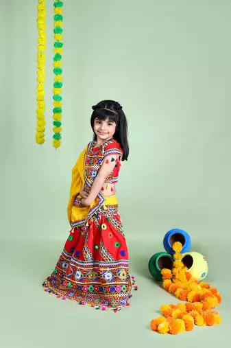 Banjara India Kutchi Emboidered Red Girls Chaniya Choli with Dupatta (KCC-WAVE) - Red