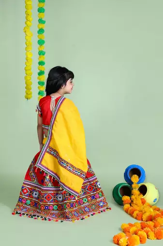 Banjara India Kutchi Emboidered Red Girls Chaniya Choli with Dupatta (KCC-WAVE) - Red
