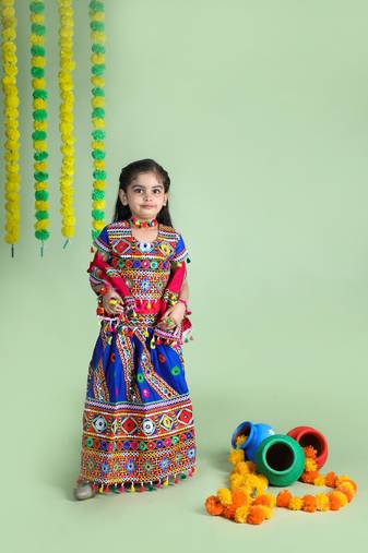 Banjara India Kutchi Emboidered Blue Girls Chaniya Choli with Dupatta (KCC-WAVE) - Blue