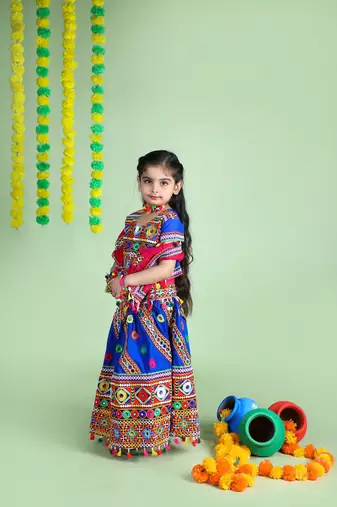 Banjara India Kutchi Emboidered Blue Girls Chaniya Choli with Dupatta (KCC-WAVE) - Blue