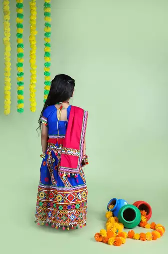 Banjara India Kutchi Emboidered Blue Girls Chaniya Choli with Dupatta (KCC-WAVE) - Blue