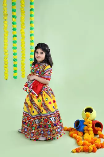 Banjara India Kutchi Emboidered Yellow Girls Chaniya Choli with Dupatta (KCC-WAVE) - YELLOW