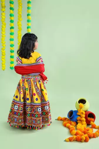 Banjara India Kutchi Emboidered Yellow Girls Chaniya Choli with Dupatta (KCC-WAVE) - YELLOW