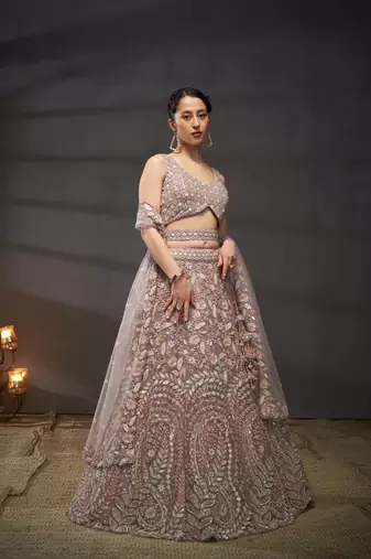 Mauve Net Multi Sequins with heavy Zarkan embroidery Lehenga choli & Dupatta