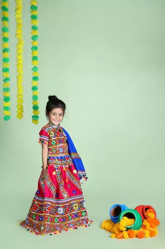 Banjara India Kutchi Emboidered Pink Girls Chaniya Choli with Dupatta (KCC-WAVE) - Pink