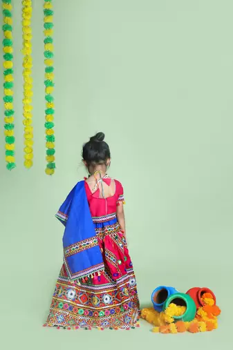 Banjara India Kutchi Emboidered Pink Girls Chaniya Choli with Dupatta (KCC-WAVE) - Pink