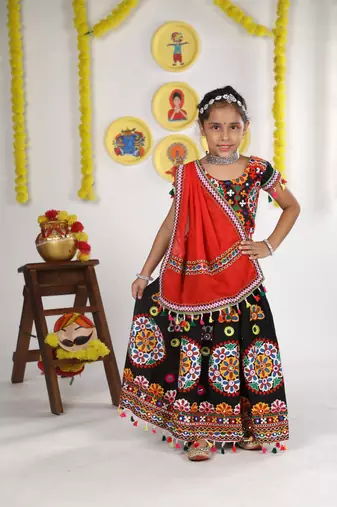 Banjara India Kutchi Emboidered Black Girls Chaniya Choli with Dupatta (KCC-RING) - Black