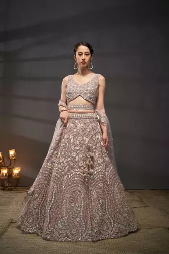 Mauve Net Multi Sequins with heavy Zarkan embroidery Lehenga choli & Dupatta