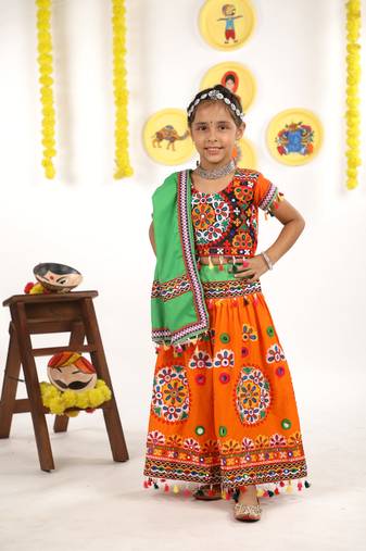 Banjara India Kutchi Emboidered Orange Girls Chaniya Choli with Dupatta (KCC-RING) - ORANGE