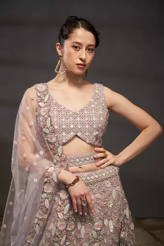 Mauve Net Multi Sequins with heavy Zarkan embroidery Lehenga choli & Dupatta