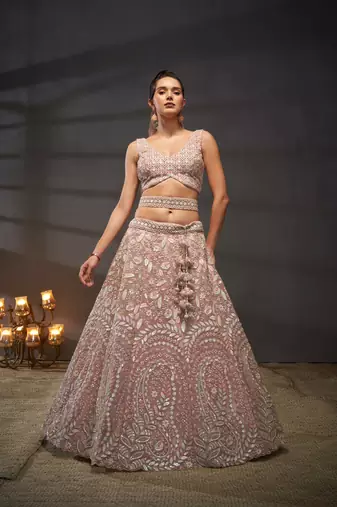 Pink Net Multi Sequins with heavy Zarkan embroidery Lehenga choli & Dupatta
