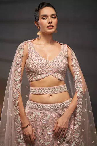 Pink Net Multi Sequins with heavy Zarkan embroidery Lehenga choli & Dupatta