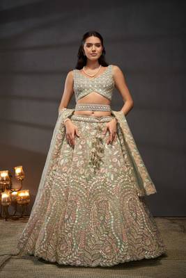 Sea green Net Multi Sequins with heavy Zarkan embroidery Lehenga choli & Dupatta 1