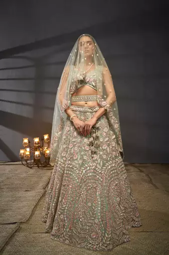 Sea green Net Multi Sequins with heavy Zarkan embroidery Lehenga choli & Dupatta