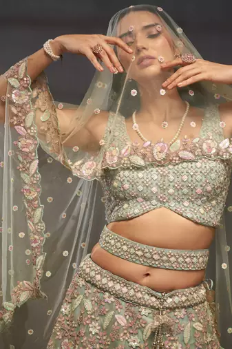 Sea green Net Multi Sequins with heavy Zarkan embroidery Lehenga choli & Dupatta
