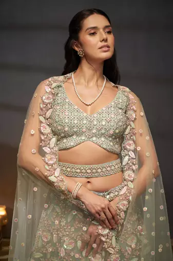 Sea green Net Multi Sequins with heavy Zarkan embroidery Lehenga choli & Dupatta